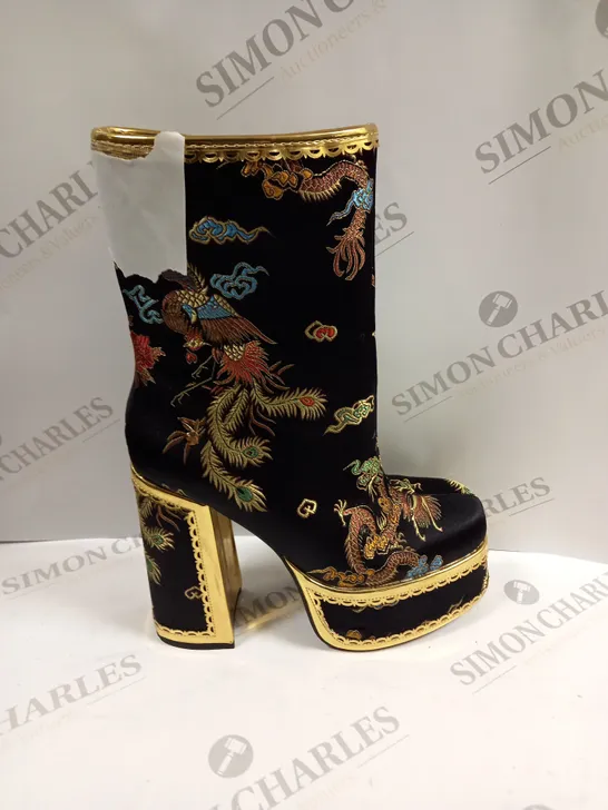 PAIR OF KOI FOOTWEAR THE ORNATE SOUL PLAYBOY BLACK HEELED BOOTS - 6