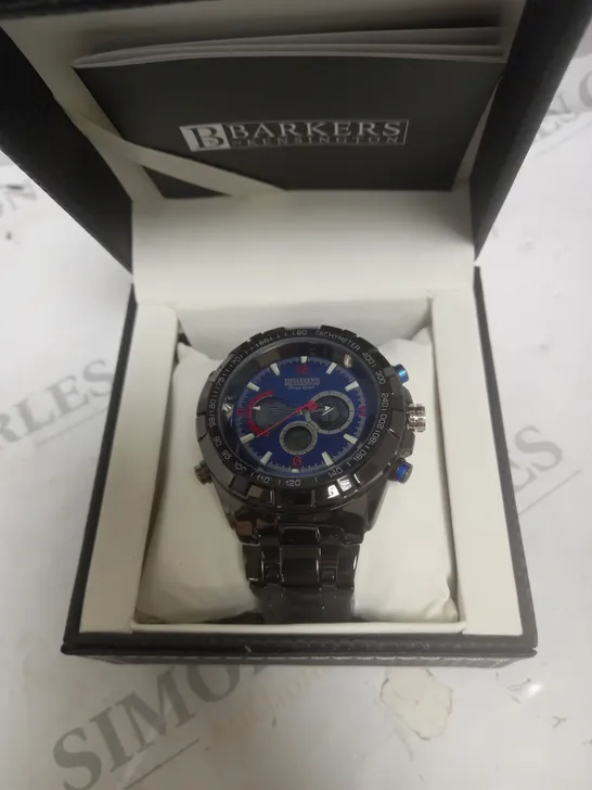 BOXED BARKERS OF KENSINGTON MEGA SPORT WATCH WITH BLUE FACE & BLACK STRAP 