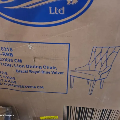 BOXED PAIR LION DINING CHAIRS BLACK/ROYAL BLUE VELVET (SET OF 2 IN 1 BOX)