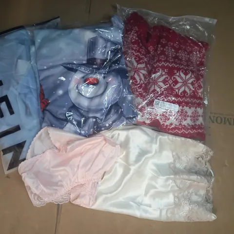 BOX OF APPROXIMATELY 10 ASSORTED CLOTHING AND FASHION ITEMS OF VARIOUS COLOURS AND STYLES TO INCLUDE SHEIN, ETC