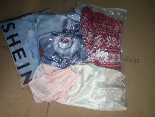 BOX OF APPROXIMATELY 10 ASSORTED CLOTHING AND FASHION ITEMS OF VARIOUS COLOURS AND STYLES TO INCLUDE SHEIN, ETC