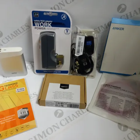 BOX OF APPROX 10 ITEMS INCLUDING ASSORTED CABLES, PHONE SCREEN PROTECTORS AND RCD POWER ADAPTER