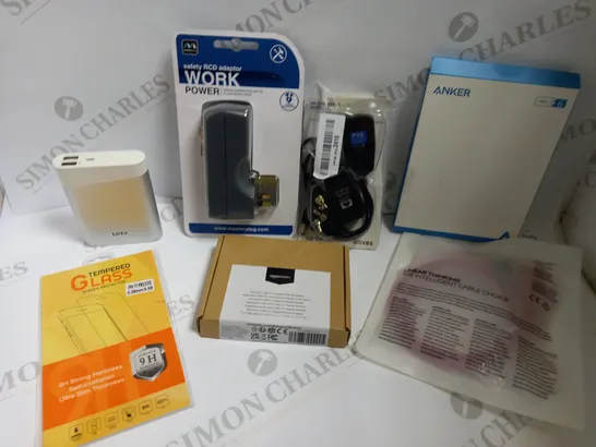 BOX OF APPROX 10 ITEMS INCLUDING ASSORTED CABLES, PHONE SCREEN PROTECTORS AND RCD POWER ADAPTER