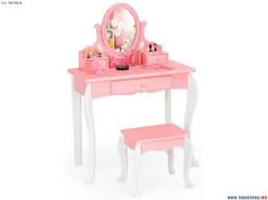 BOXED COSTWAY KIDS VANITY PRINCESS MAKEUP DRESSING TABLE STOOL SET WITH MIRROR AND DRAWER - PINK