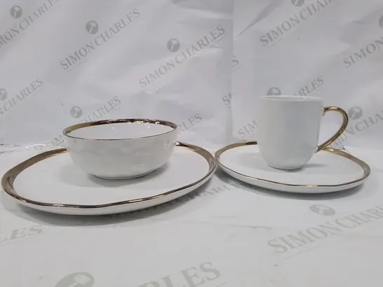 LOVECASA SET OF WHITE & GOLD PLATES, CUPS & BOWLS 