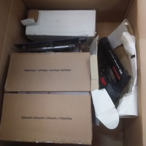 BOX OF ASSORTED HOMEWARE ITEMS TO INCLUDING A INDUCTIVE XENON TIMING LIGHT, A NAILER/STAPLER, CLARKE SINGLE BARRLE FOOT PUMP AND AN ELECTRIC HANGING LAMP 