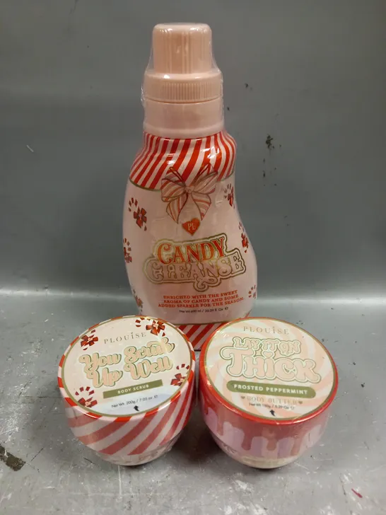 APPROXIMATELY 3 ASSORTED SEALED PLOUISE PRODUCTS TO INCLUDE - CANDY CLEANSE BATH SOAK - FROSTED PEPPERMINT BODY BUTTER - YOU SCRUB UP WELL BODY SCRUB