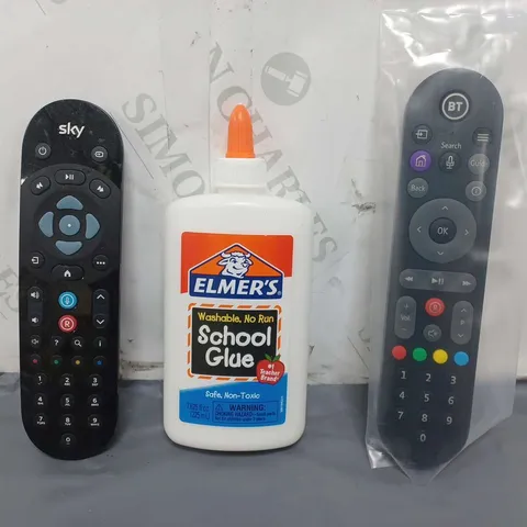 APPROXIMATELY 5 ASSORTED ITEMS TO INCLUDE SKY REMOTE, ELMER'S SCHOOL GLUE, BT REMOTE, ETC