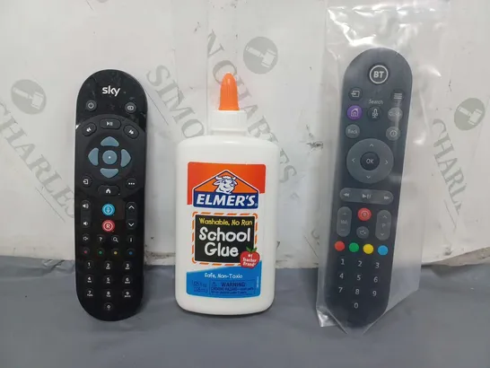 APPROXIMATELY 5 ASSORTED ITEMS TO INCLUDE SKY REMOTE, ELMER'S SCHOOL GLUE, BT REMOTE, ETC