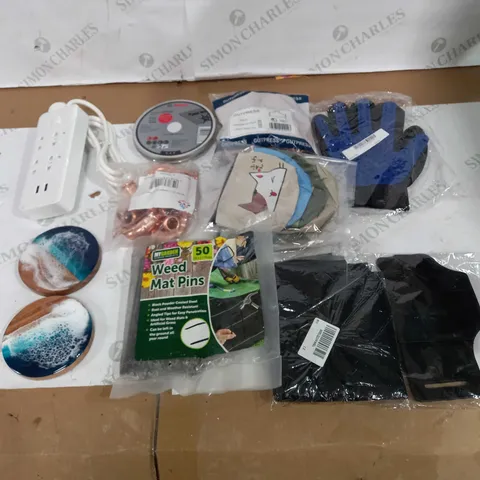 LOT OF APPROX 10 ASSORTED ITEMS TO INCLUDE PIPE FITINGS, POWER STRIP, COASTERS ETC