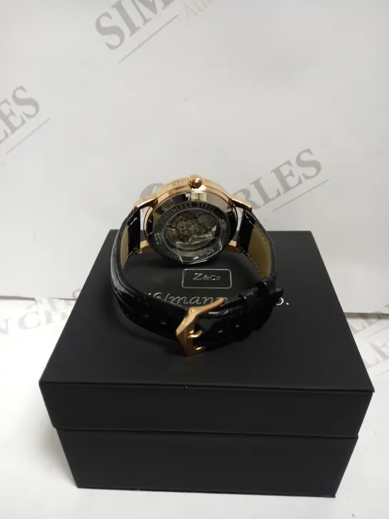 MENS ZIHLMANN & CO AUTOMATIC WATCH - Z210 – SKELETON DIAL – GOLD COLOUR CASE – GENUINE LEATHER CASE – HAND ASSEMBLED. 