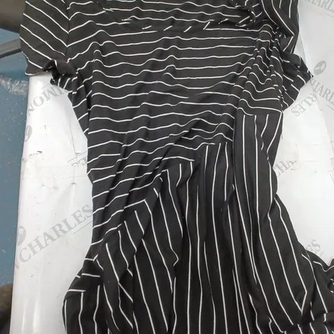 BOX OF MANY CLOTHES OF VARIED SIZES AND TYPES TO INCLUDEPLAIN BLACK AND WHITE STRIPED DRESS AND BLUE JEAN DRESS