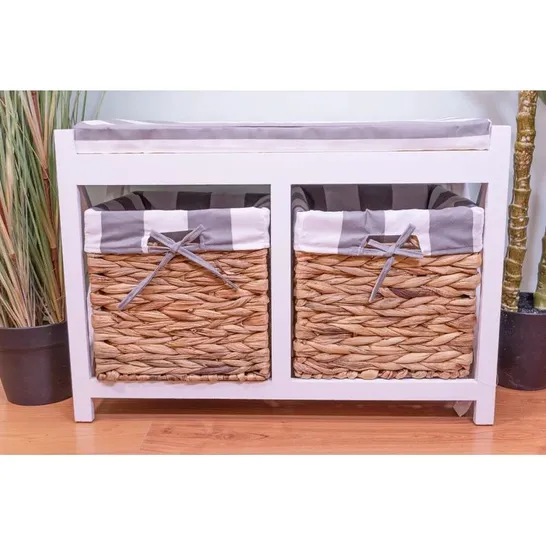 BOXED ANWAR WICKER STORAGE BENCH IN GREY AND WHITE 