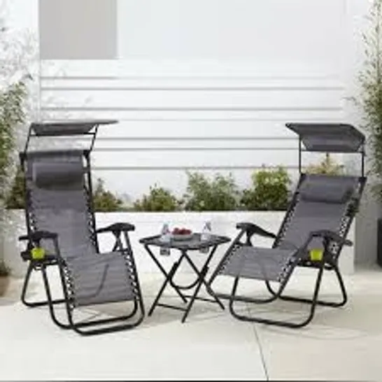 BOXED NEO GREY FOLDING PORTABLE ZERO GRAVITY CHAIRS AND TABLE SET (1 BOX)