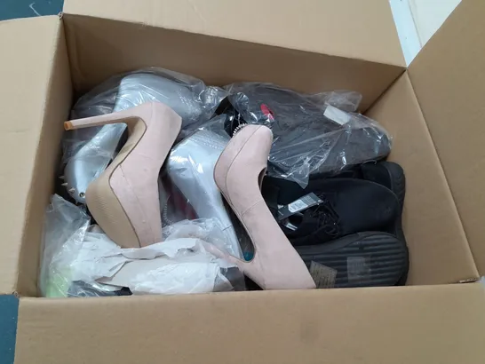 BOX OF APPROXIMATELY 10 ASSORTED SHOES IN VARIOUS COLOURS, STYLES AND SIZES