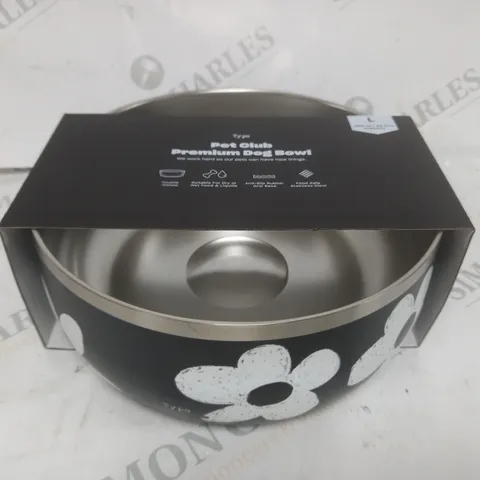 BOX OF APPROXIMATELY 7 PET CLUB PREMIUM DOG BOWLS IN BLACK W. DAISY PATTERN SIZE L