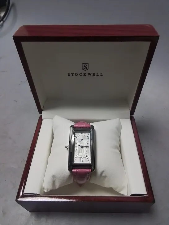 STOCKWELL STAINLESS STEEL LADIES WATCH WITH PINK LEATHER STRAP IN GIFT BOX