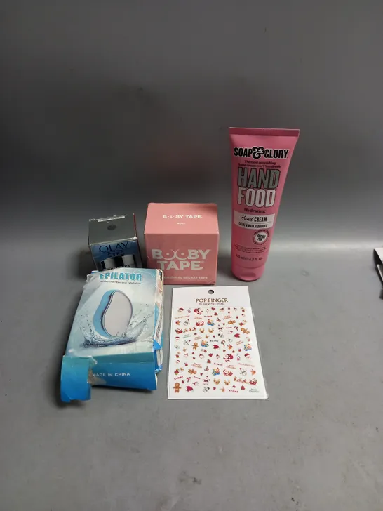 BOX OF APPROXIMATELY 20 COSMETIC ITEMS TO INCLUDE - OLAY EYE CREAM - SOAP AND GLORY HAND CREAM - BOOBY TAPE - ETC 