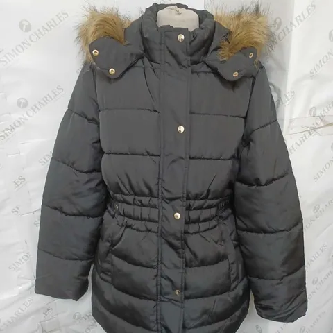 NEW LOOK GIRLS QUILTED COAT WITH FUR TRIM HOOD BLACK AGE 14-15