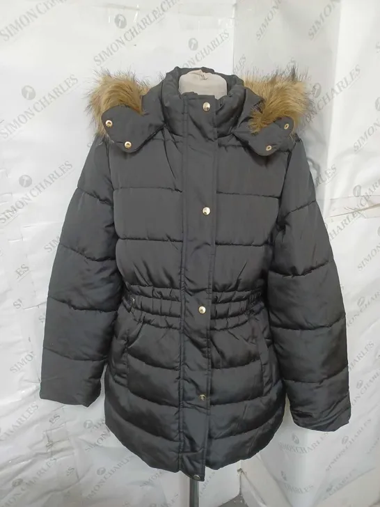 NEW LOOK GIRLS QUILTED COAT WITH FUR TRIM HOOD BLACK AGE 14-15