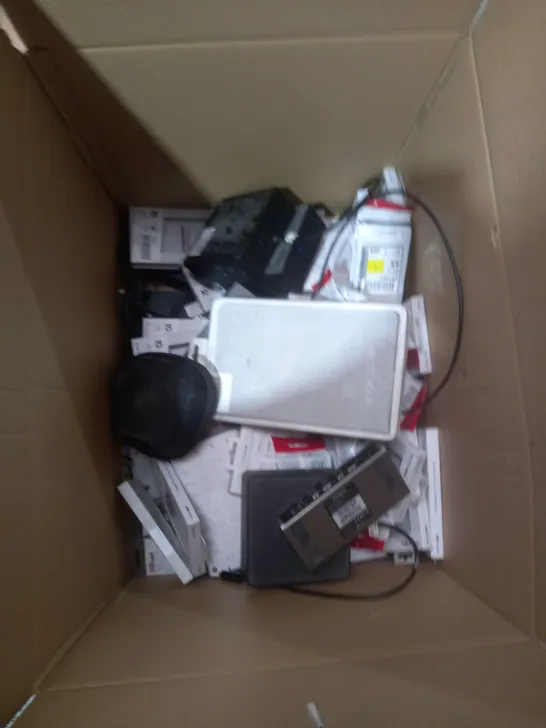 BOX OF ASSORTED ELECTRONICALS TO INCLUDE HEADSETS, PHONE CASES, TABLET CASES ETC