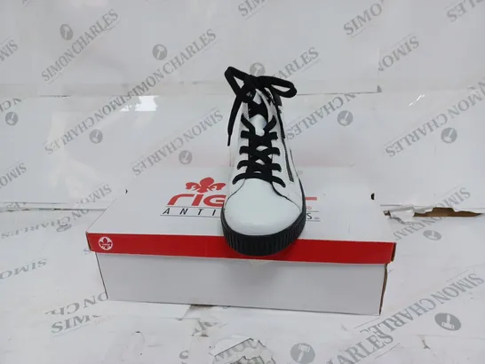 BOXED RIEKER WHITE HI TOP CUFFED TRAINERS- SIZE 5 