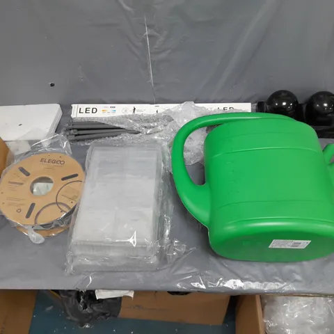 BOX OF APPROXIMATELY 15 ASSORTED HOUSEHOLD ITEMS TO INCLUDE WATERING CAN, LED CABINET LIGHT, AND ELEGOO FILAMENT ETC.