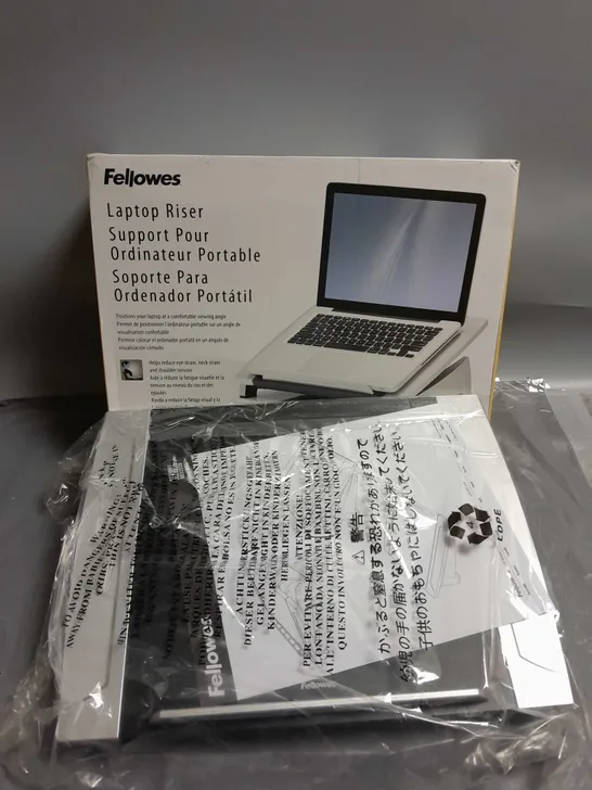 BOXED FELLOWES LAPTOP RISER IN SILVER/BLACK