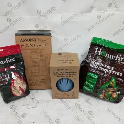 LARGE BOX OF ASSORTED ITEMS TO INCLUDE ABSODRY DUO FAMILY HANGER, ABSODRY MOISTURE ABSORBER, BBQ BRIQUETTES, ETC