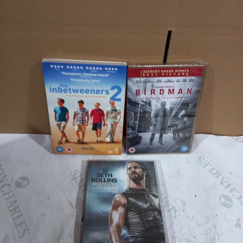 LOT OF ASSORTED DVDS TO INCLUDE BIRDMAN, THE INBETWEENERS 2 AND SETH ROLLINS