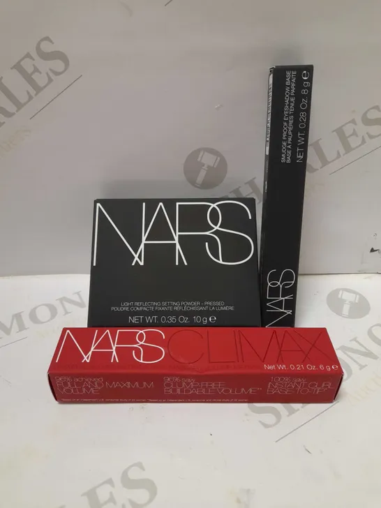 LOT OF 3 NARS PRODUCTS TO INCLUDE LIGHT REFLECTING SETTING POWDER - TRANSLUCENT CRYSTAL, CLIMAX MASCARA, SMUDGEPROOF EYESHADOW BASE