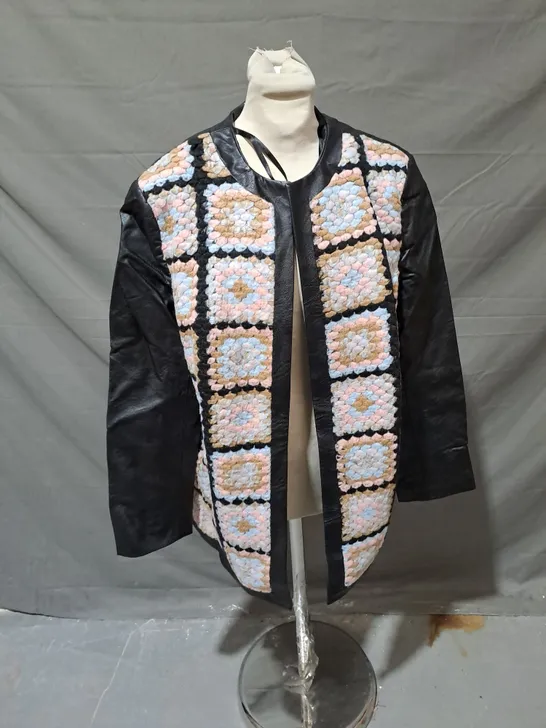 HELENE BERMAN LEATHER & CROCHET STYLE JACKET IN BLACK MULTI SIZE 16