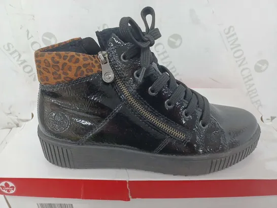 BOXED RIEKER HIGH TOP CUFFED SHOES, LEOPARD/BLACK - SIZE 37