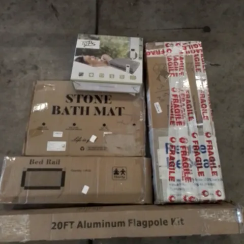 PALLET OF ASSORTED  ITEMS TO INCLUDE STONE BATH MAT, BED RAIL, 20FT ALUMINIUM FLAGPOLE KIT, SHOE RACK, HEATED THROW