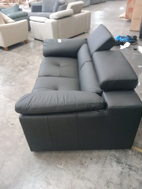 DESIGNER BLACK FAUX LEATHER TWO SEATER SOFA WITH SQUARE PANEL DETAIL AND ADJUSTABLE HEADRESTS