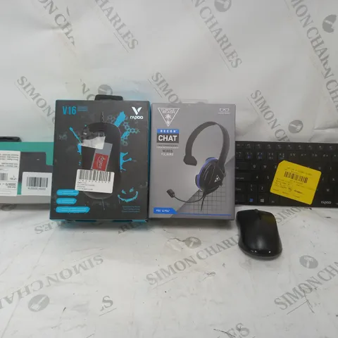 BOX OF APPROX. 12 ASSORTED ITEMS TO INCLUDE - RAPOO 1620 MOUSE - TURTLE BEACH RECON CHAT HEADSET - VAPOO V16 MOUSE ECT