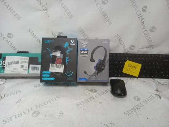 BOX OF APPROX. 12 ASSORTED ITEMS TO INCLUDE - RAPOO 1620 MOUSE - TURTLE BEACH RECON CHAT HEADSET - VAPOO V16 MOUSE ECT