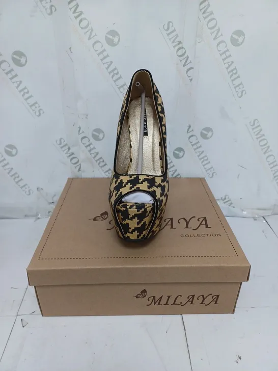 BOXED LOT OF 5 PAIRS OF LADIES MILAYA COLLECTION SHOES. BLACK AND GOLD VARIOUS SIZE