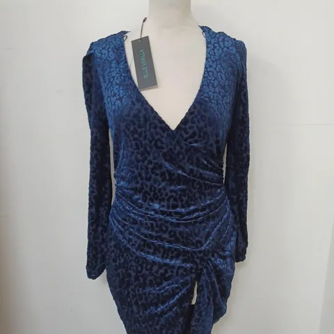 BLUE VANILLA RUCHED LEOPARD BURNOUT DRESS SIZE 10