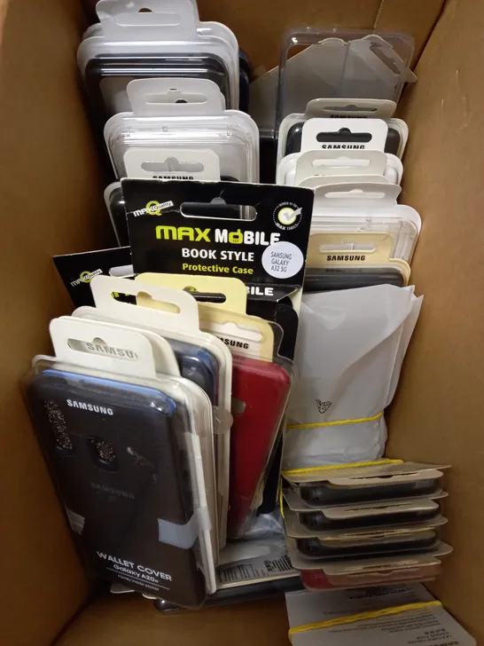 BOX OF APPROXIMATELY 30 ASSORTED PHONE CASES FOR VARIOUS MODELS TO INCLUDE A20E, A3, A50 ETC