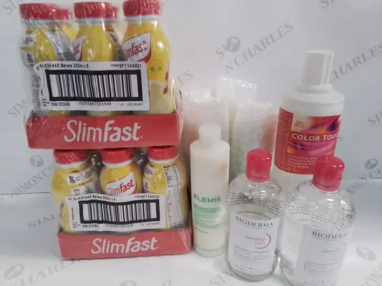 LOT OF 10 BRAND NEW ASSORTED HEALTH AND BEAUTY ITEMS TO INCLUDE SLIM FAST SHAKES, ELEMIS BATH MILK, COLOUR TOUCH EMULSION AND BIODERMA MICELLAR WATER - COLLECTION ONLY