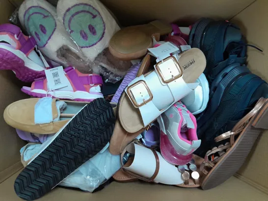 BOX OF APPROXIMATELY 15 ASSORTED PAIRS OF SHOES AND FOOTWEAR ITEMS IN VARIOUS STYLES AND SIZES TO INCLUDE CLARKS, BURBERRY, H&M, ETC