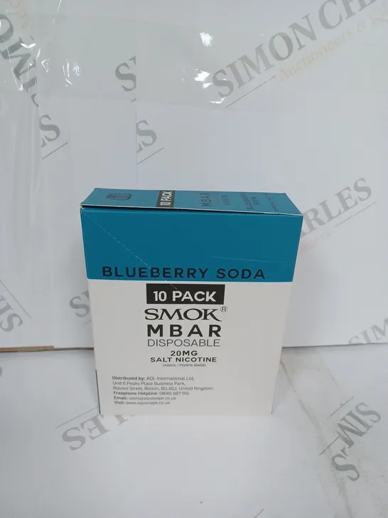 BOX OF APPROXIMATELY 10 BOXES OF BLUEBERRY SODA 10 PACK SMOK M BAR DISPOSABLE 20MG SALT NICOTINE