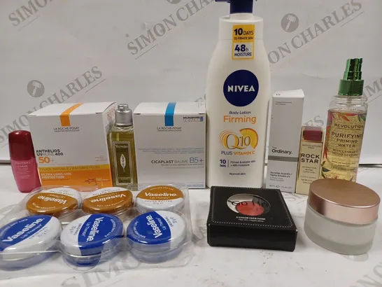 BOX OF APPROX 10 ASSORTED BEAUTY PRODUCTS TO INCLUDE L'OCCITANE SHOWER GEL, NIVEA BODY LOTION, VASELINE LIP THERAPY, ETC 