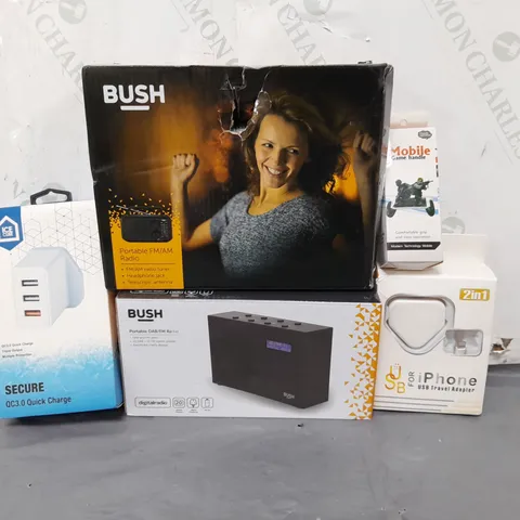 BOX OF APPROXIMATELY 25 ASSORTED ITEMS TO INCLUDE - BUSH PORTABLE RADIO , BUSH PORTABLE DAB RADIO , ICE CUBE PLUG ETC