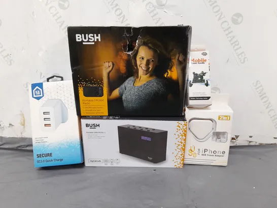 BOX OF APPROXIMATELY 25 ASSORTED ITEMS TO INCLUDE - BUSH PORTABLE RADIO , BUSH PORTABLE DAB RADIO , ICE CUBE PLUG ETC