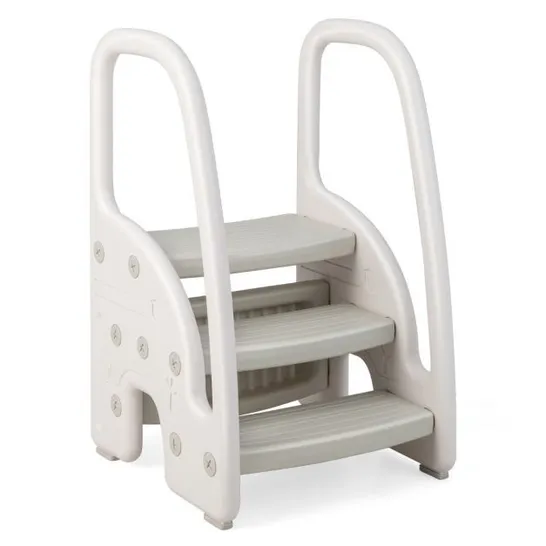 BOXED COSTWAY 3 STEP STOOL WITH SAFETY HANDLES AND NON SLIP PEDALS FOR TODDLERS - GREY