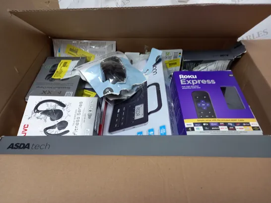 BOX OF ASSORTED ELECTRONICS TO INCLUDE EARPHONES, RADIOS, REMOTES ETC 