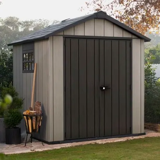 BOXED KETER OAKLAND 7FT W X 7FT D APEX OUTDOOR GARDEN SHED (2 BOXES)