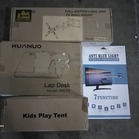 PALLET OF ASSORTED ITEMS INCLUDING KIDS PLAY TENT, HUANUO LAP DESK, ANTI BLUE LIGHT SCREEN PROTECTOR, FULL MOTION LONG ARM TV WALL MOUNT, HIGH FIDELITY TURNTABLE SYSTEM, FITNESS TRAMPOLINE 